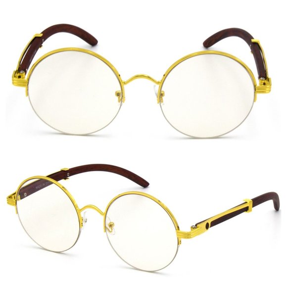 Round CLASSY MODERN Gold Clear Lens Wood GLASSES - Picture 1 of 4